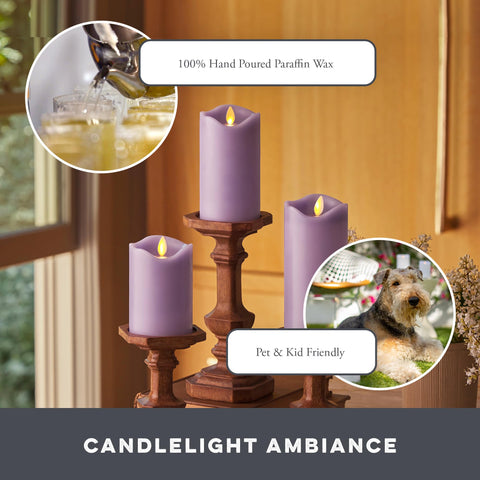 Matchless Candle Co. pastel purple pillar 3-pack, indoor-outdoor safe, ideal for porches and patios