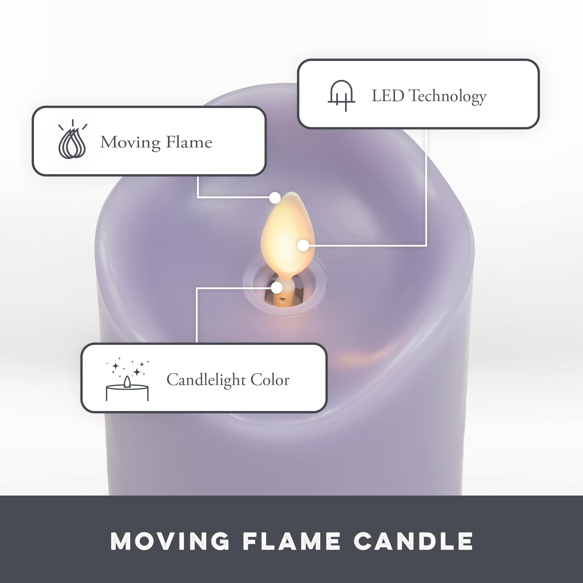 Matchless Candle Co. pastel purple pillar 3-pack on table, warm light without soot