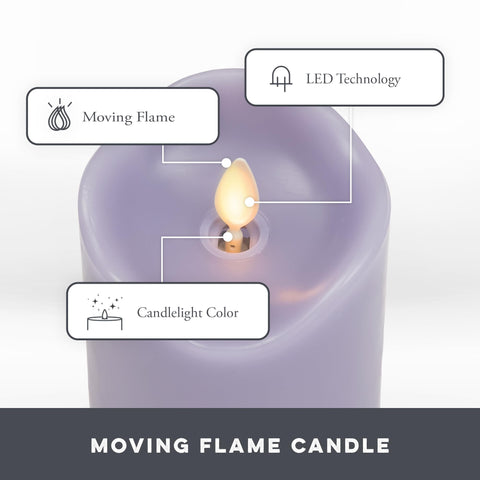 Matchless Candle Co. pastel purple pillar 3-pack on table, warm light without soot