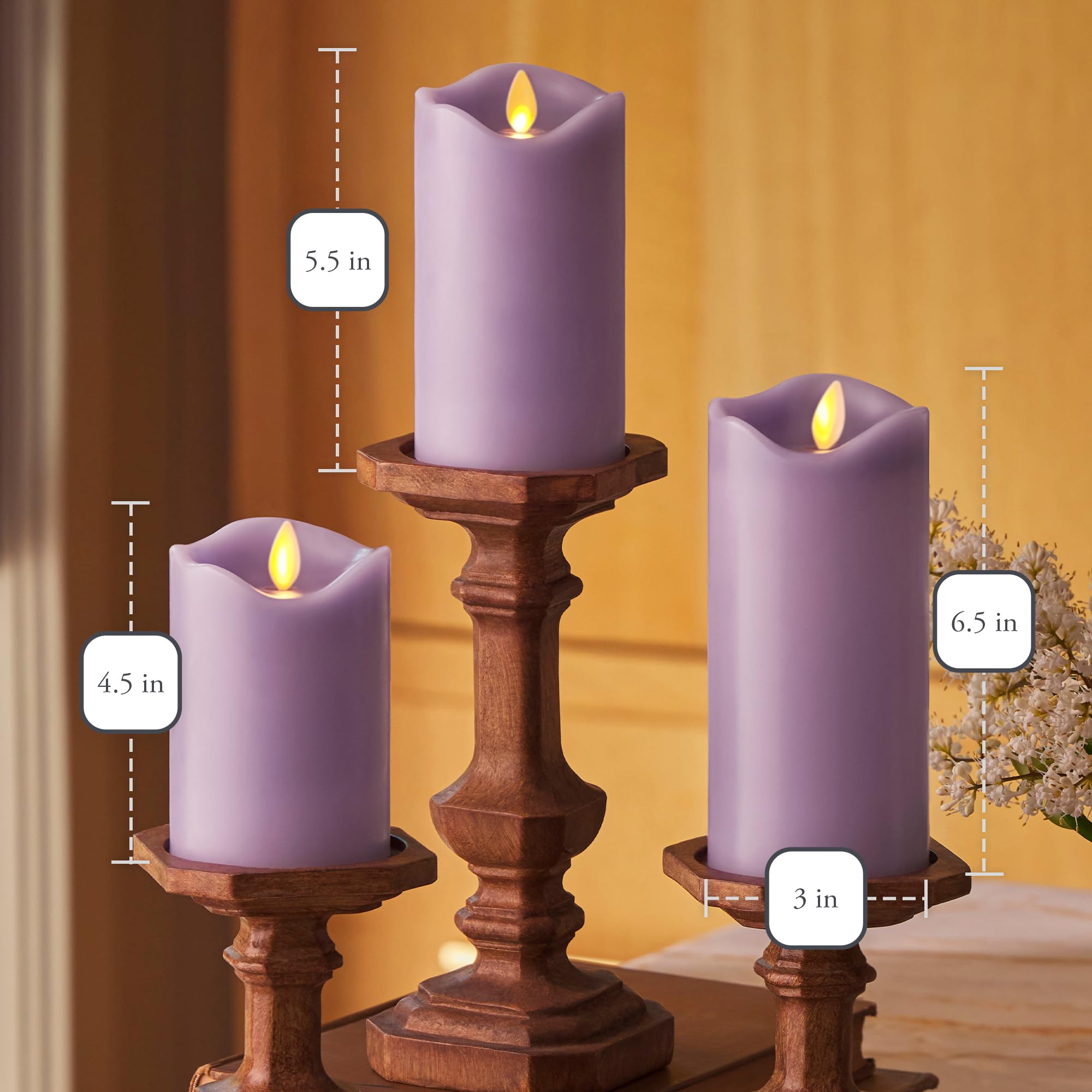 Matchless Candle Co. pastel purple pillar, safe flameless candle perfect for family rooms