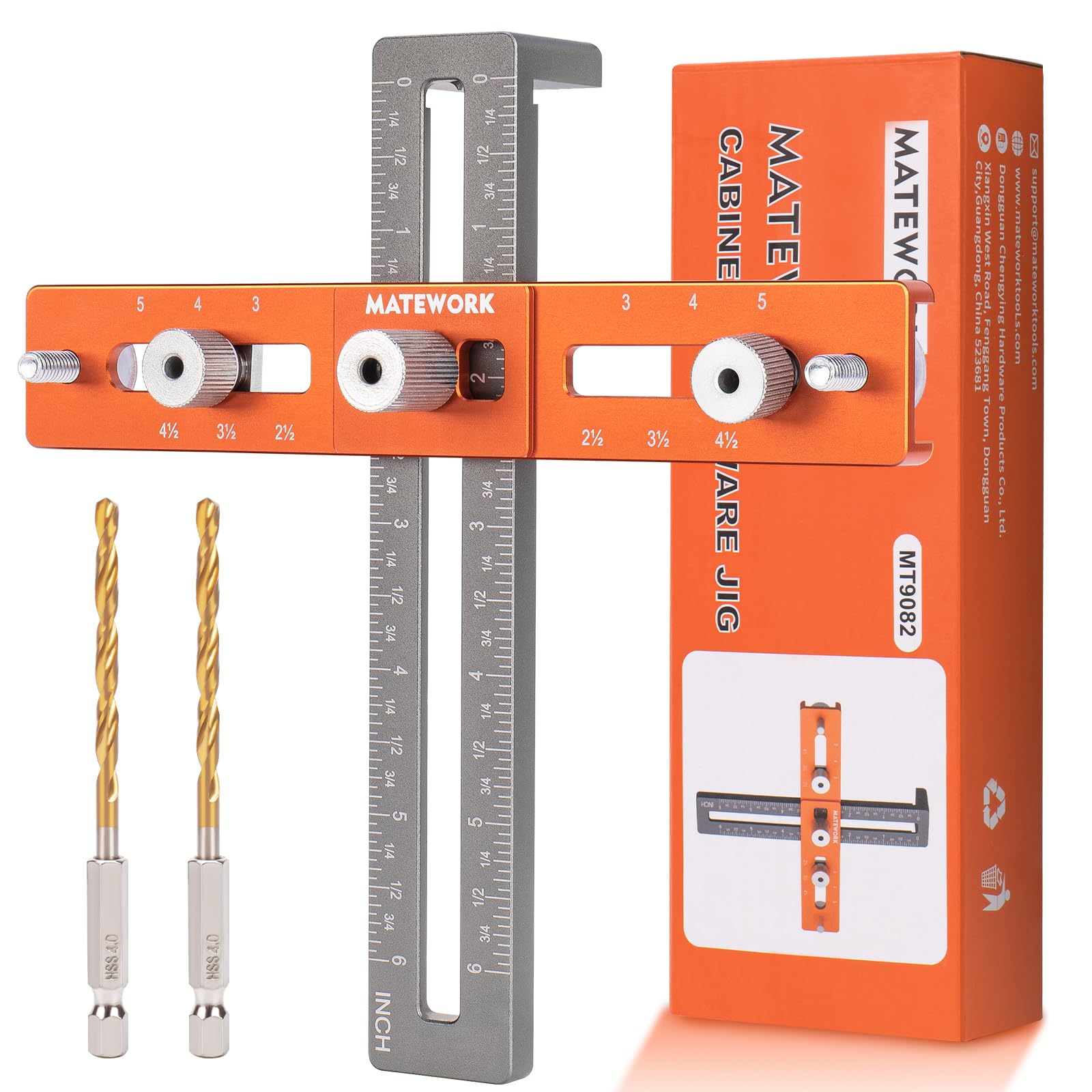 Matework cabinet hardware jig with arrow indicator for quick, precise alignment during installation.
