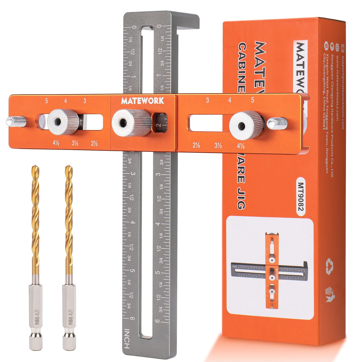 Matework cabinet hardware jig with arrow indicator for quick, precise alignment during installation.