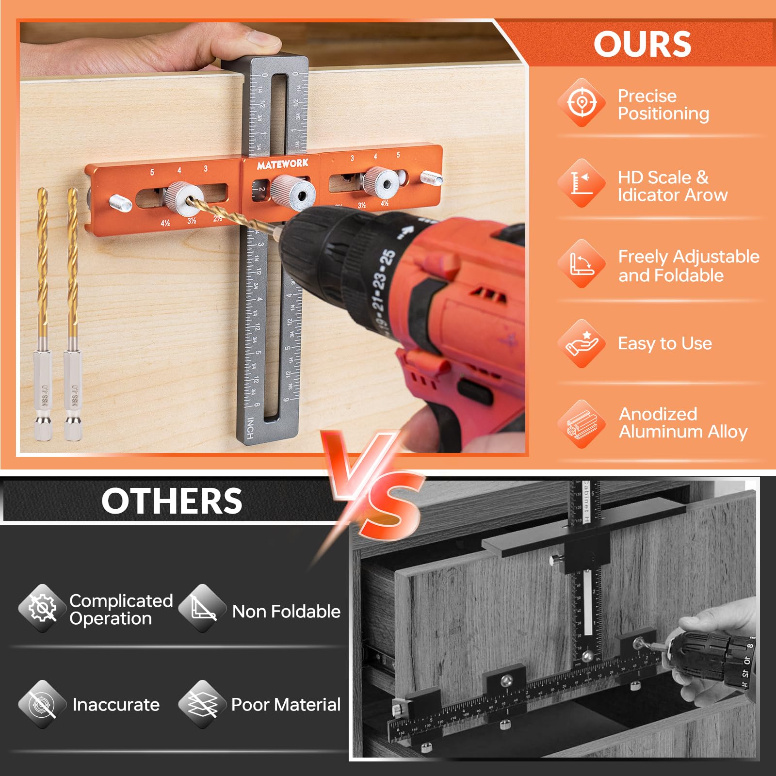 Matework jig features a durable aluminum knob spacer for recessed doors.