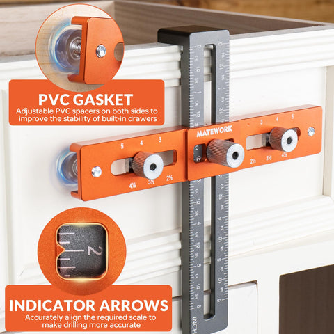 Matework cabinet hardware jig provides a precise scale for adjustable hole spacing.