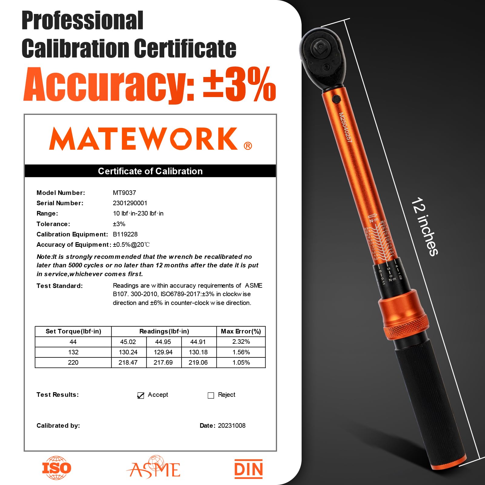 Matework calibration certificate confirms tool accuracy for consistent tuning.