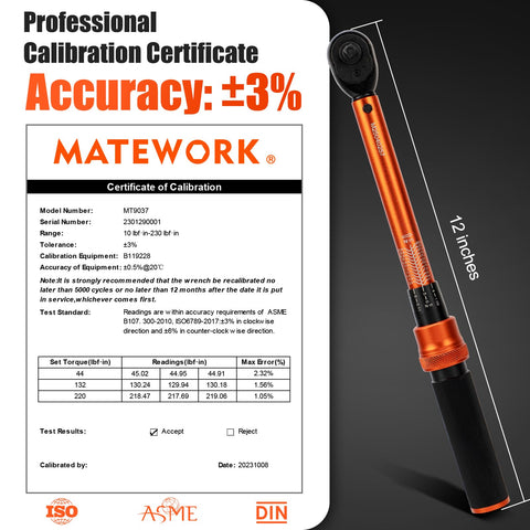 Matework calibration certificate confirms tool accuracy for consistent tuning.