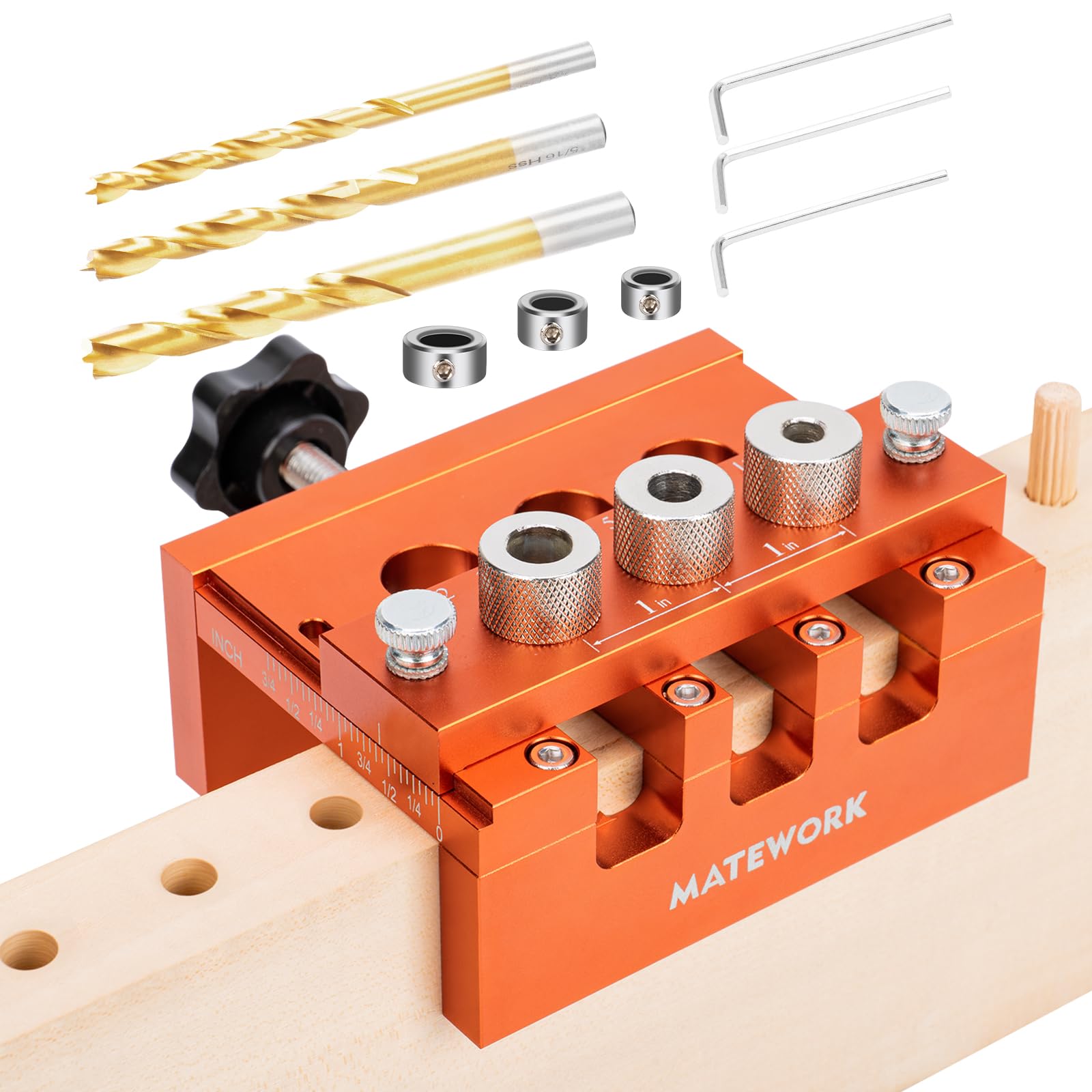 Matework dowel jig adjustable width enables precise holes for various board thicknesses.