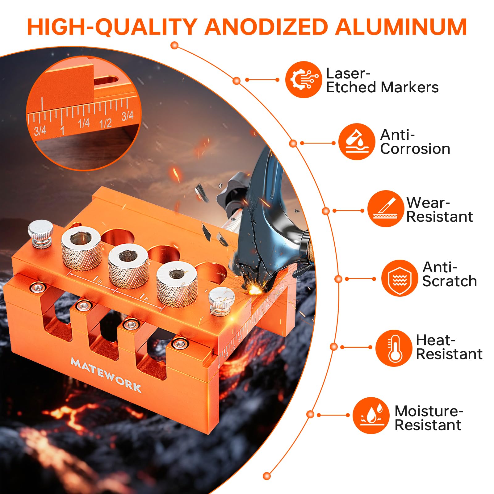 Matework dowel jig anodized aluminum body delivers durability and corrosion resistance.