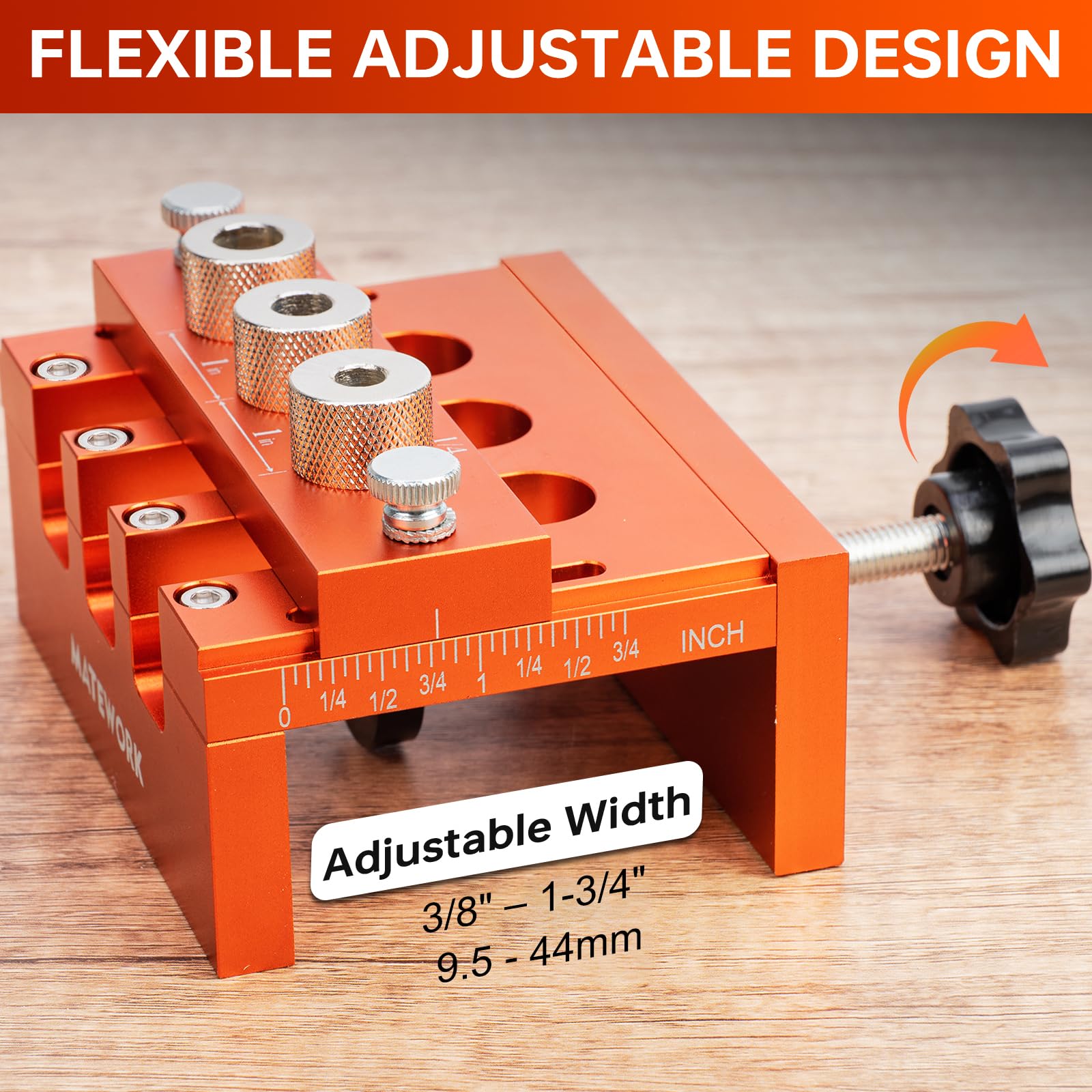 Matework dowel jig front arrow marker guides setup for fast, repeatable hole placement.
