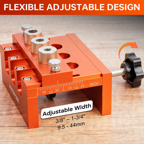Matework dowel jig front arrow marker guides setup for fast, repeatable hole placement.