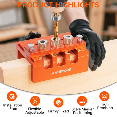 Matework dowel jig laser-scale visibility improves centering on long boards.