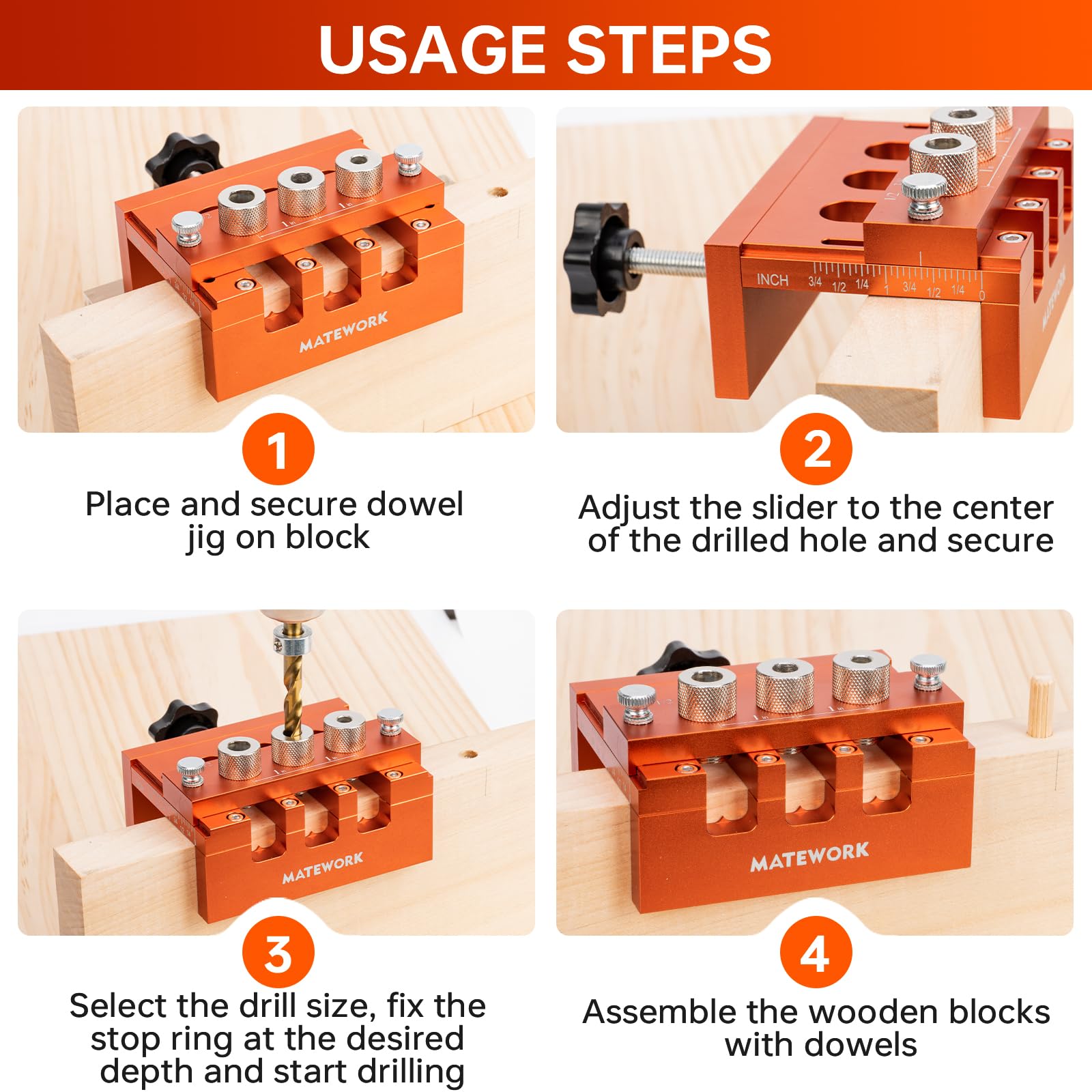 Matework dowel jig enables shelves, cabinets, tables, and chairs assembly with ease.