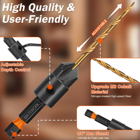 Matework quick-adjust 1/4 hex shank enables tool-free changes.