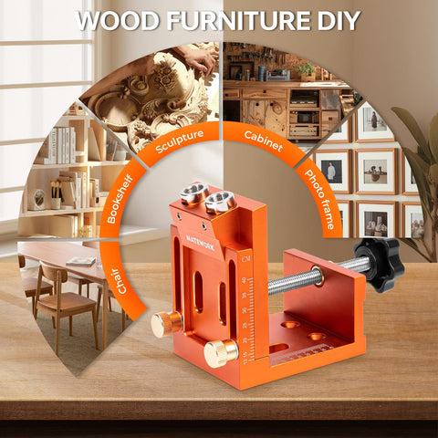 Matework jig with stop collars and plugs enables neat, secure joints.