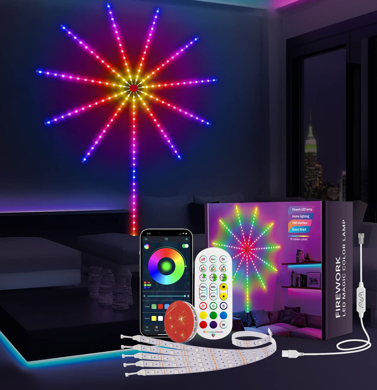 MATICOD Smart Firework LED Light with Launch Burst effect for dramatic room display.