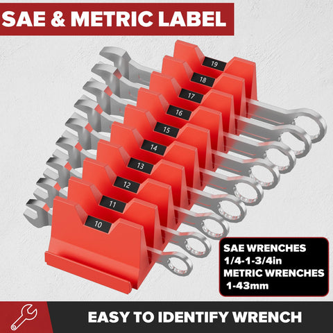 Matscover wrench rack with labels demonstrates metric and imperial size checks