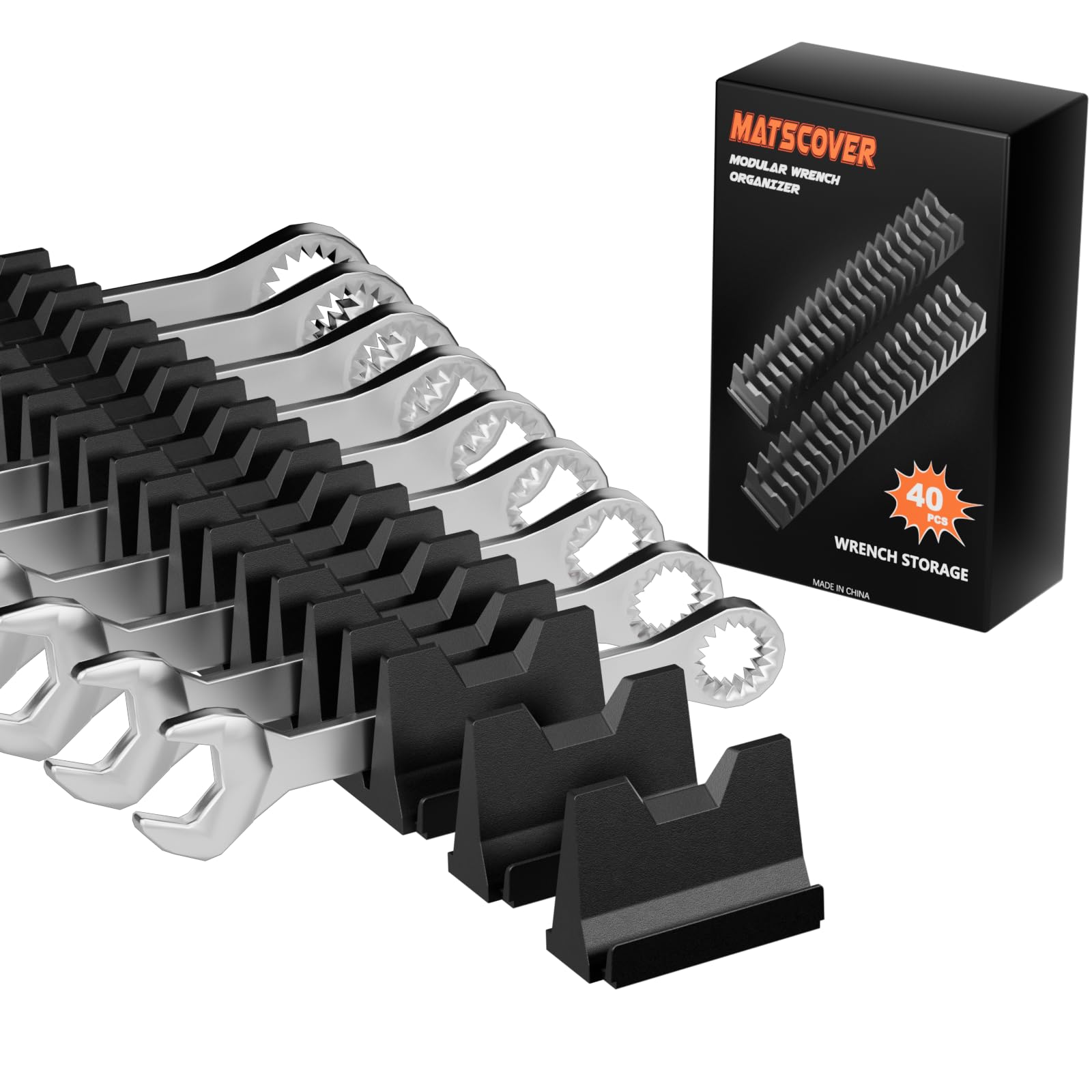 Matscover wrench organizer with label slots for quick size identification.
