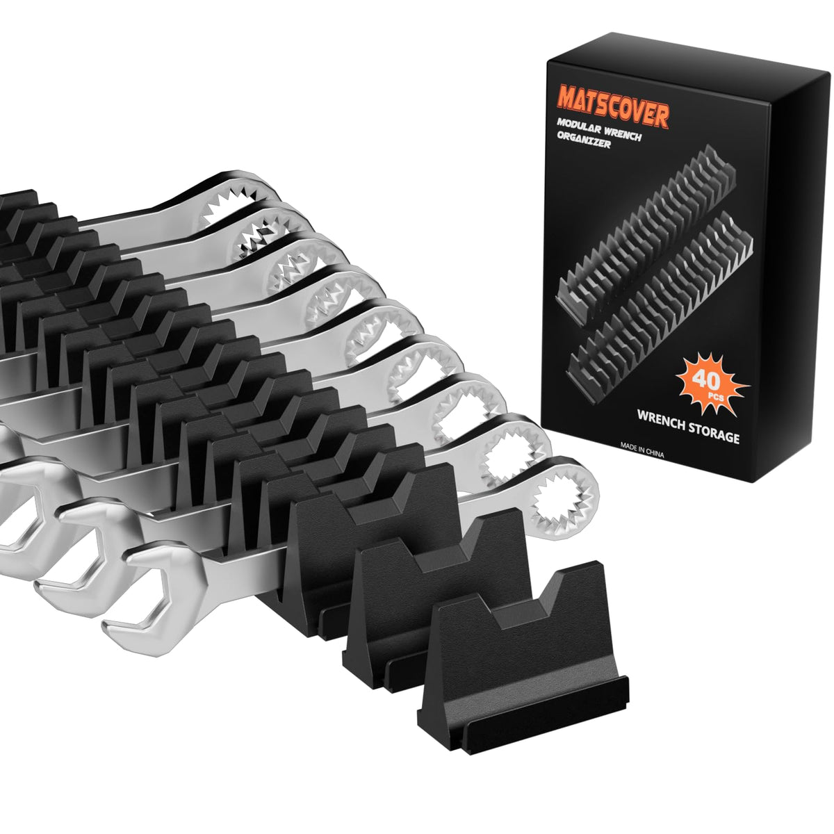 Matscover wrench organizer with label slots for quick size identification.