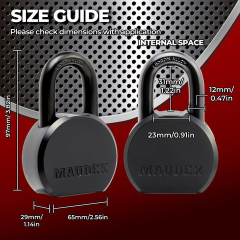 Maudex PML65 padlock boron shackle provides strong resistance to tampering.