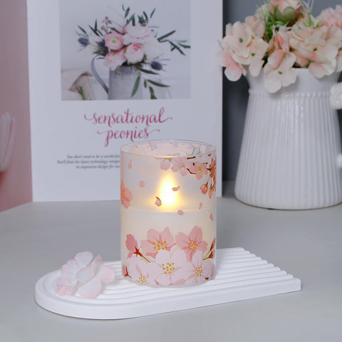 Mavandes flameless glass candle 5inch cherry blossom ideal for shelves.