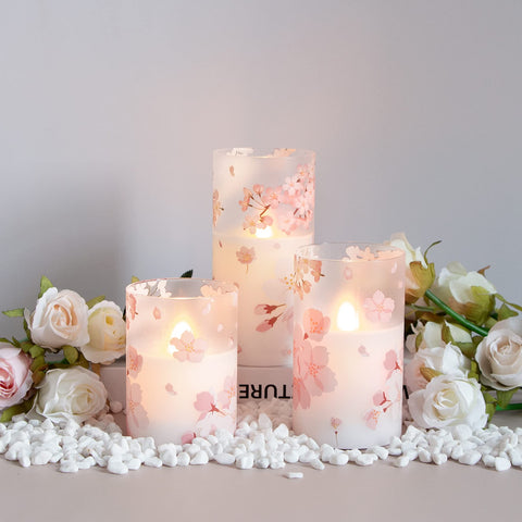 Mavandes flameless glass candle 6inch cherry blossom bright glow for tables.