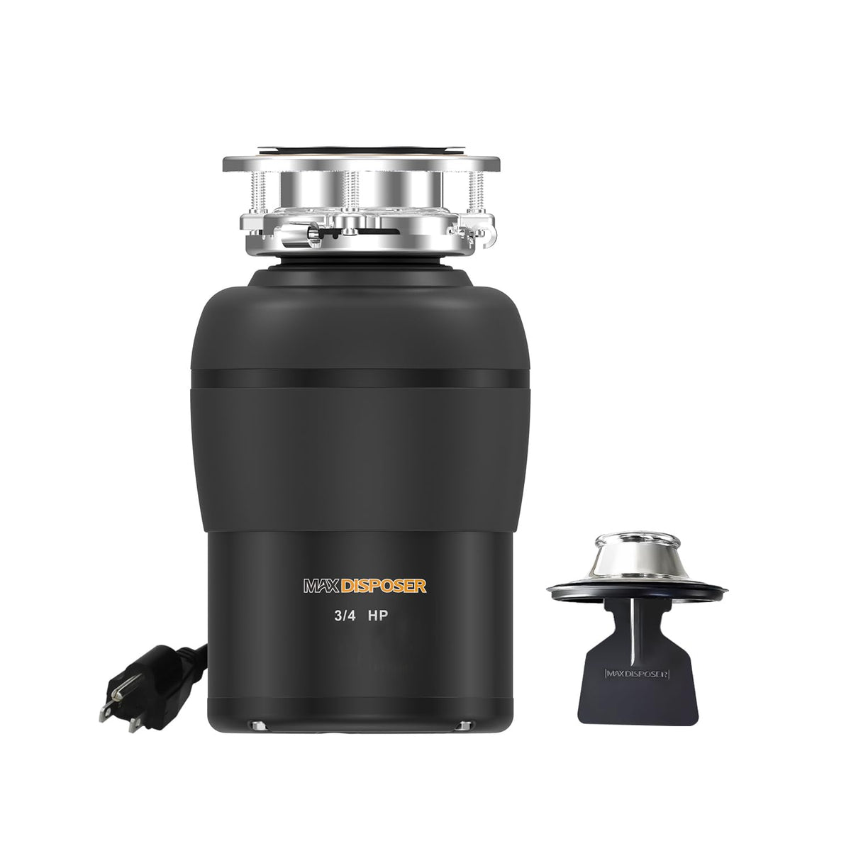 MAX DISPOSER front view illustrating a compact under-sink unit for quick setup.