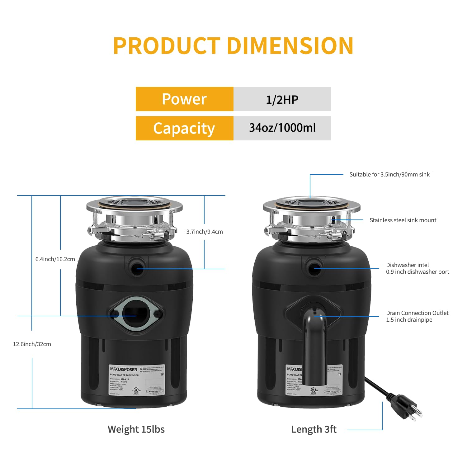 MAX DISPOSER pre-wired power cord ready for plug-in use under the sink.
