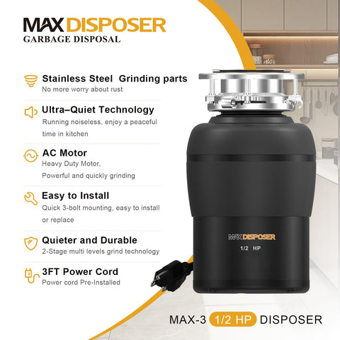 MAX DISPOSER stainless steel grinding chamber close-up shows rust resistance.