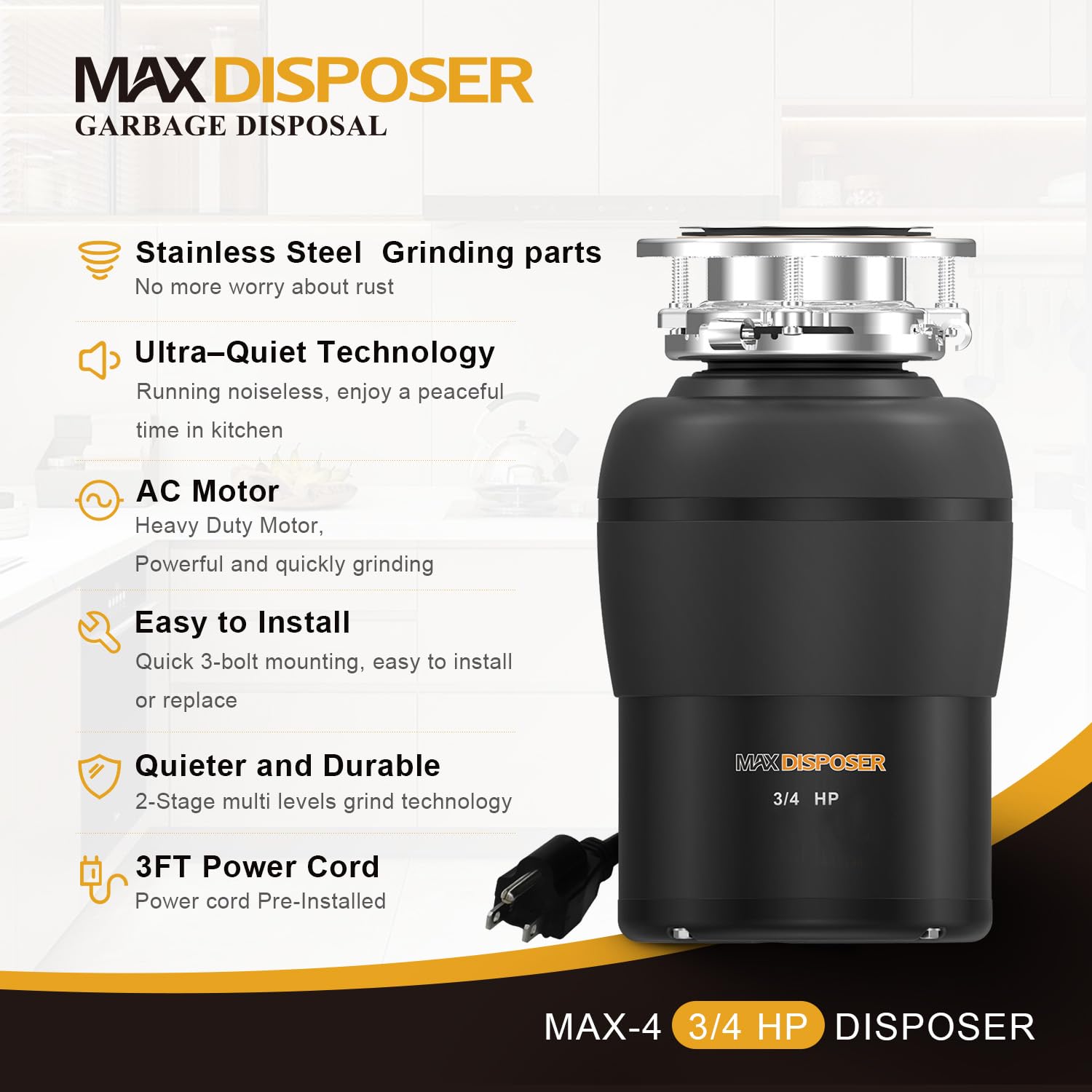MAX DISPOSER stainless-steel chamber demonstrates durability and corrosion resistance.