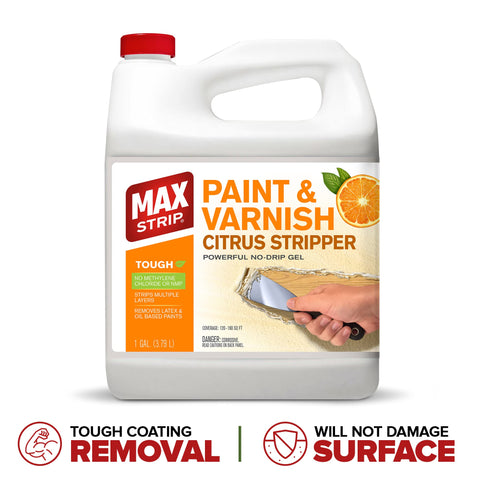 Max Strip Citrus Stripper coating strip application shows multi-surface use on wood and metal