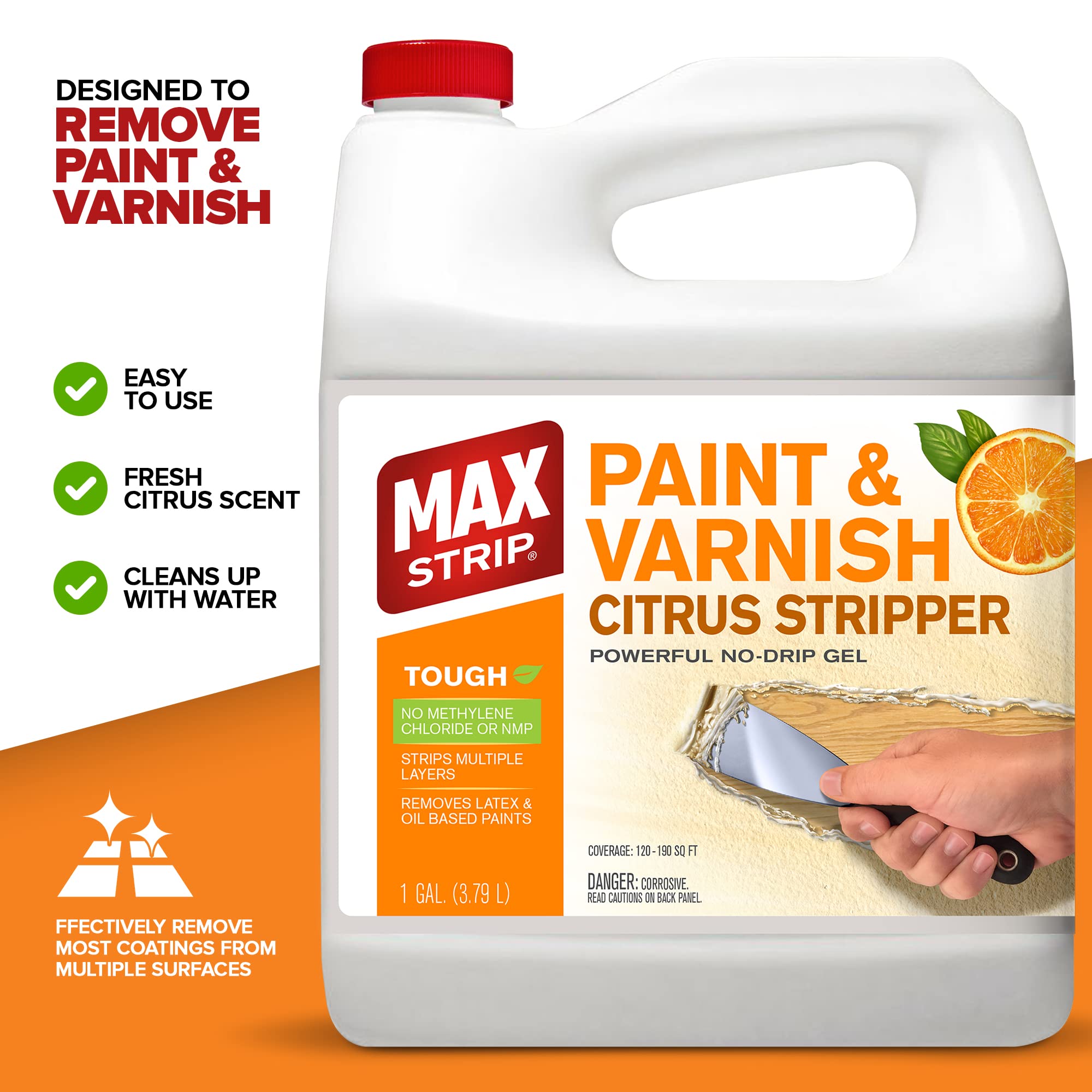Max Strip Citrus Stripper coverage surface area highlights fast action on old varnish