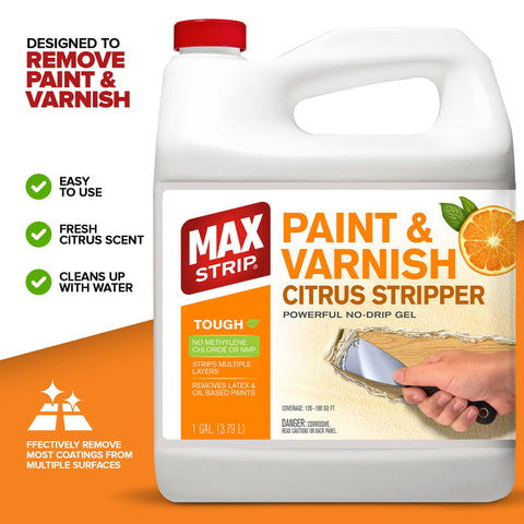 Max Strip Citrus Stripper coverage surface area highlights fast action on old varnish