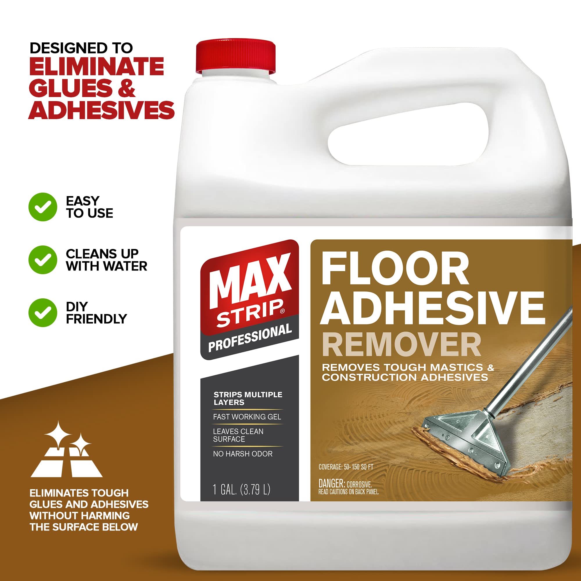 Max Strip Construction Adhesive Remover used to eliminate glue residues on multiple surfaces.