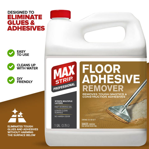 Max Strip Construction Adhesive Remover used to eliminate glue residues on multiple surfaces.
