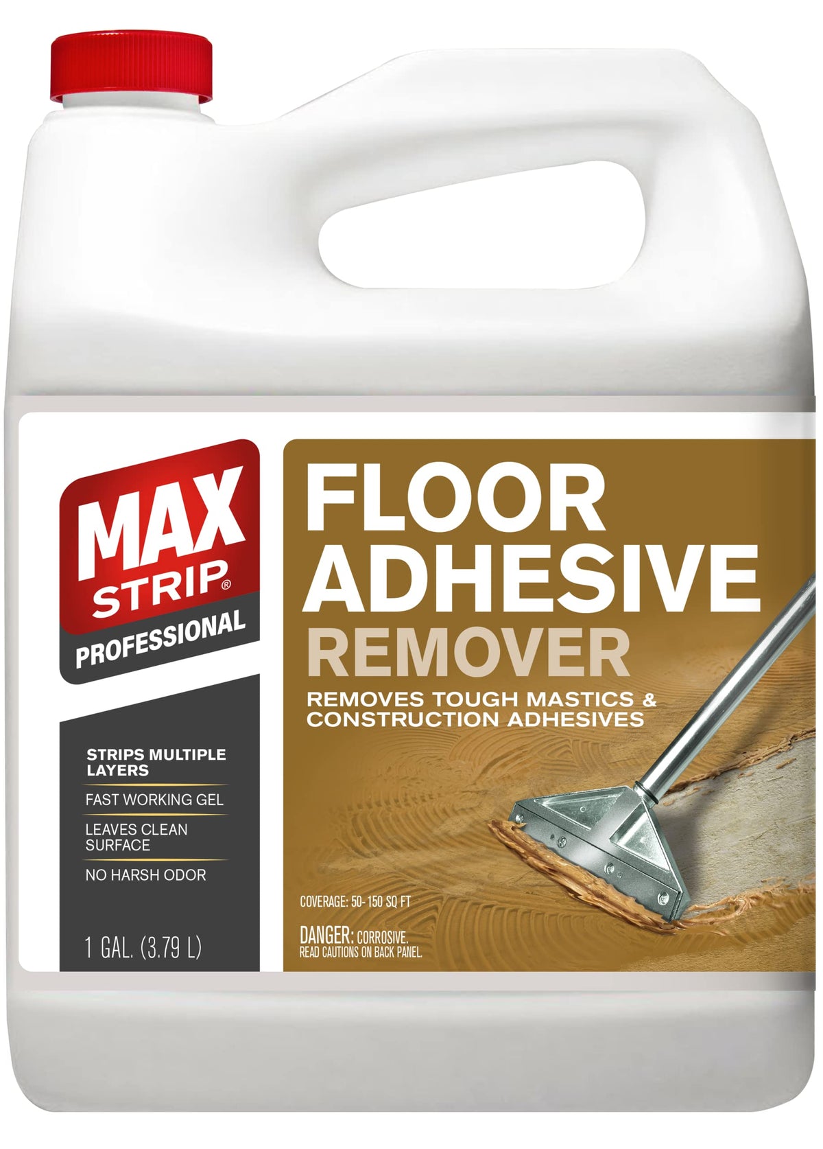 Max Strip Floor Adhesive Remover gel in a gallon bottle for fast, comprehensive floor adhesive removal.