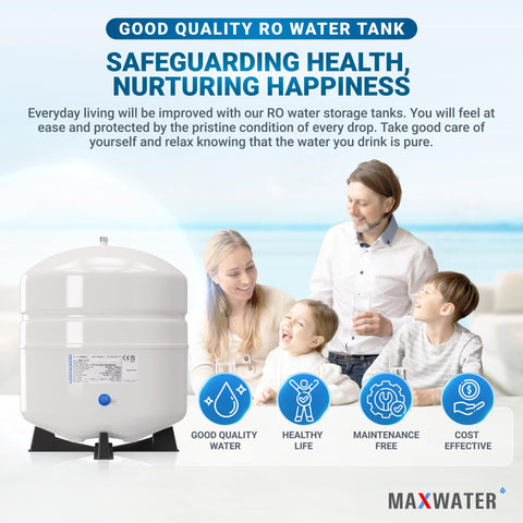 Max Water 4.4 gallon capacity at 100 PSI supports steady RO storage