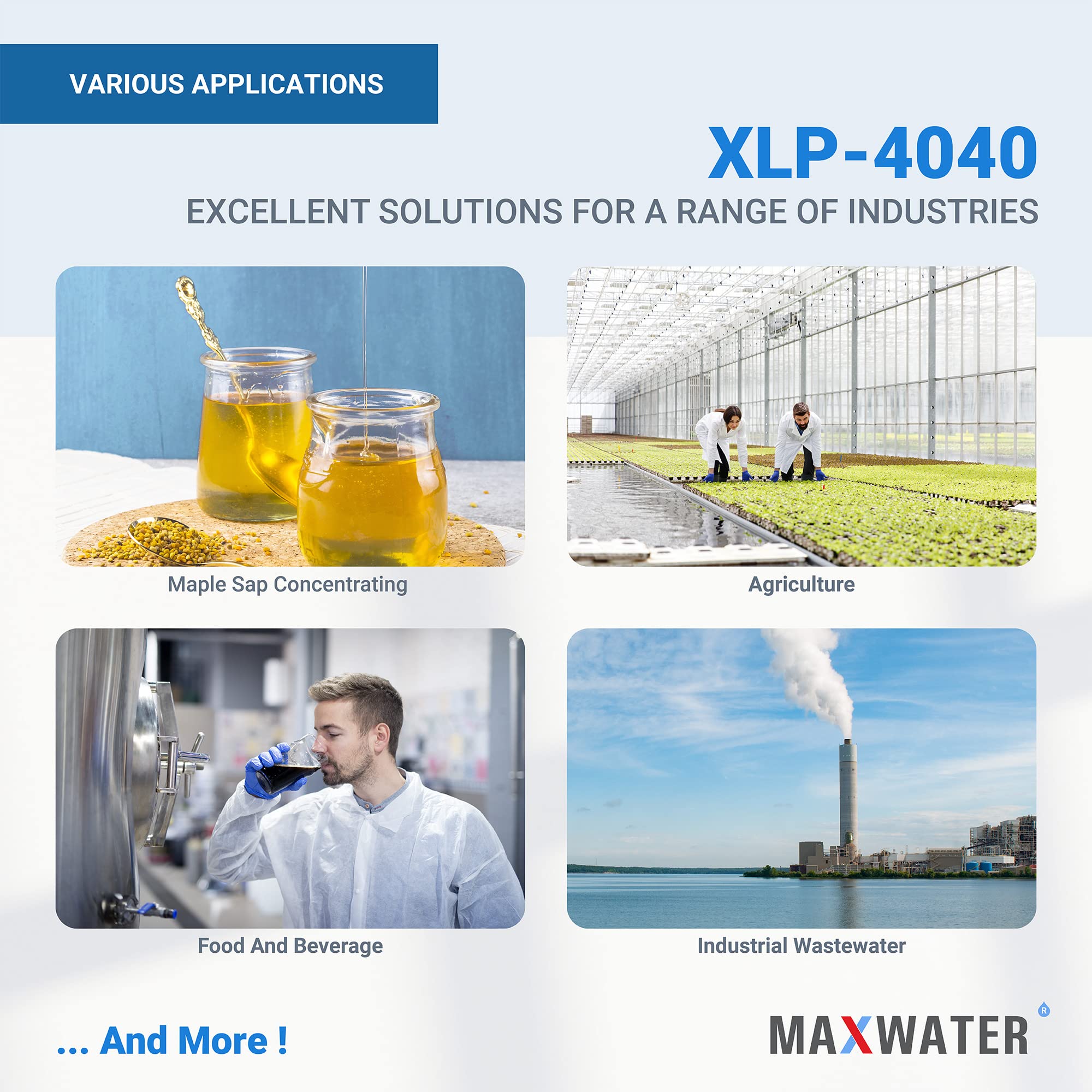 Max Water XLP-4040 technical specifications board highlights flow and rejection.