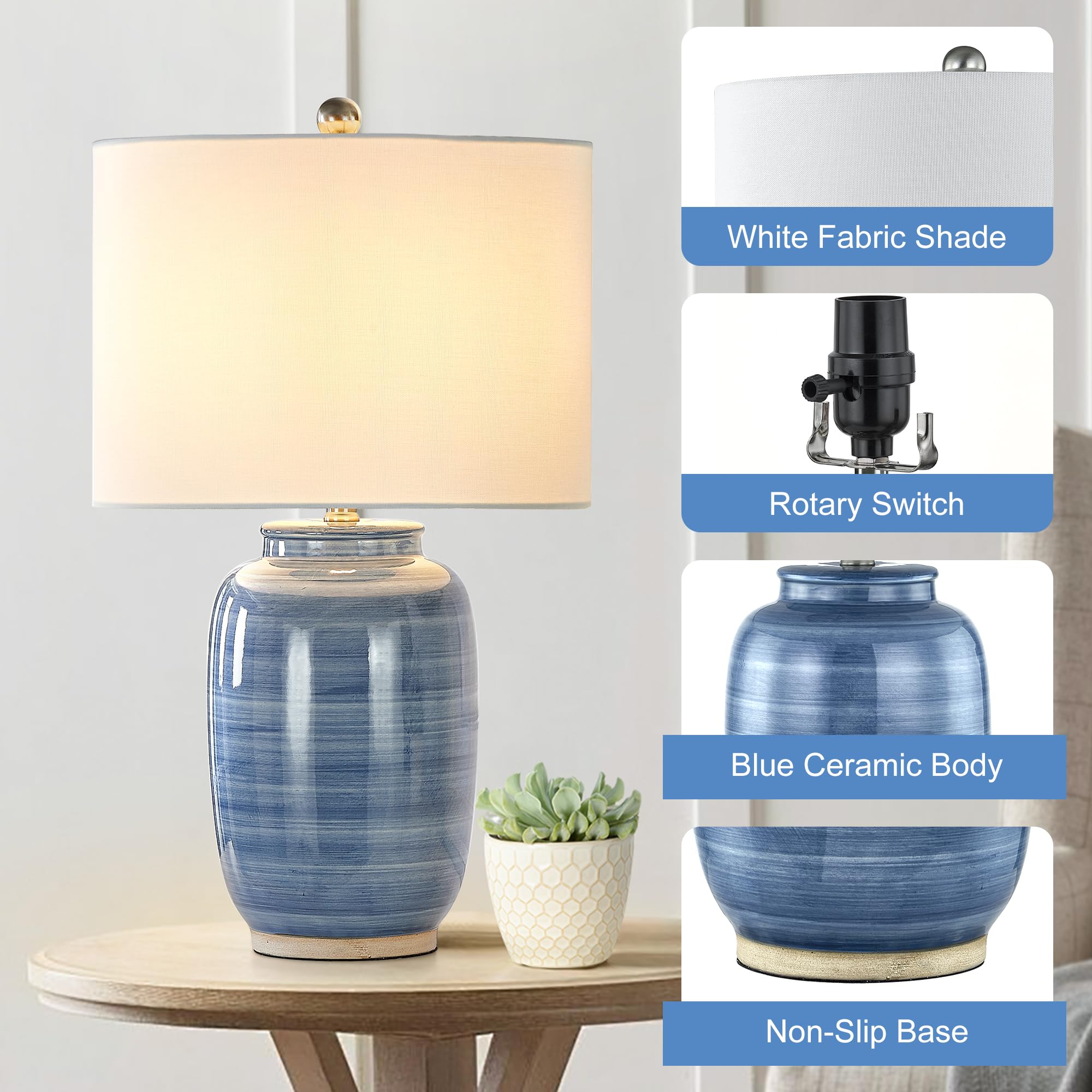 Maxax blue ceramic table lamp with white fabric shade delivering soft illumination