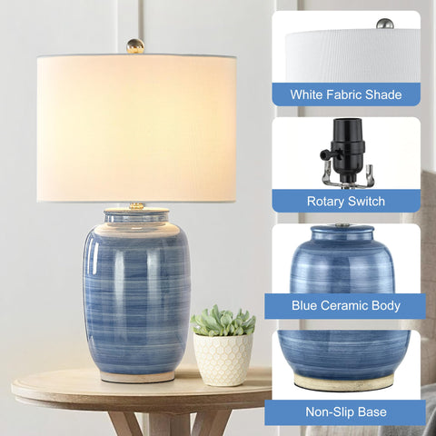 Maxax blue ceramic table lamp with white fabric shade delivering soft illumination
