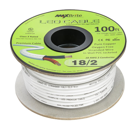 MaxBrite 18AWG two-conductor stranded wire close-up for LED and security projects.
