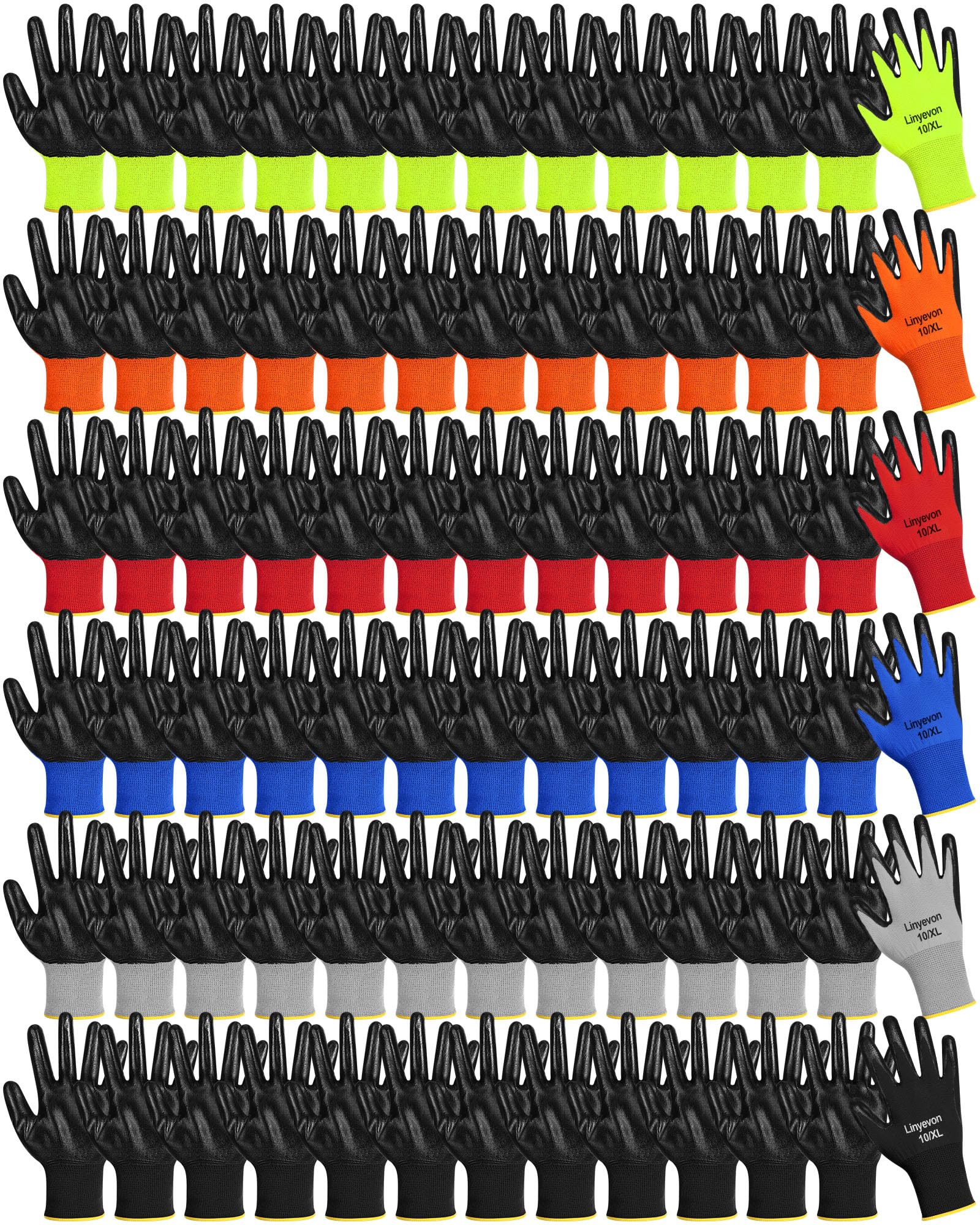 Maxcheck 54-pair rubber coated gloves bulk pack in six colors for versatile work tasks