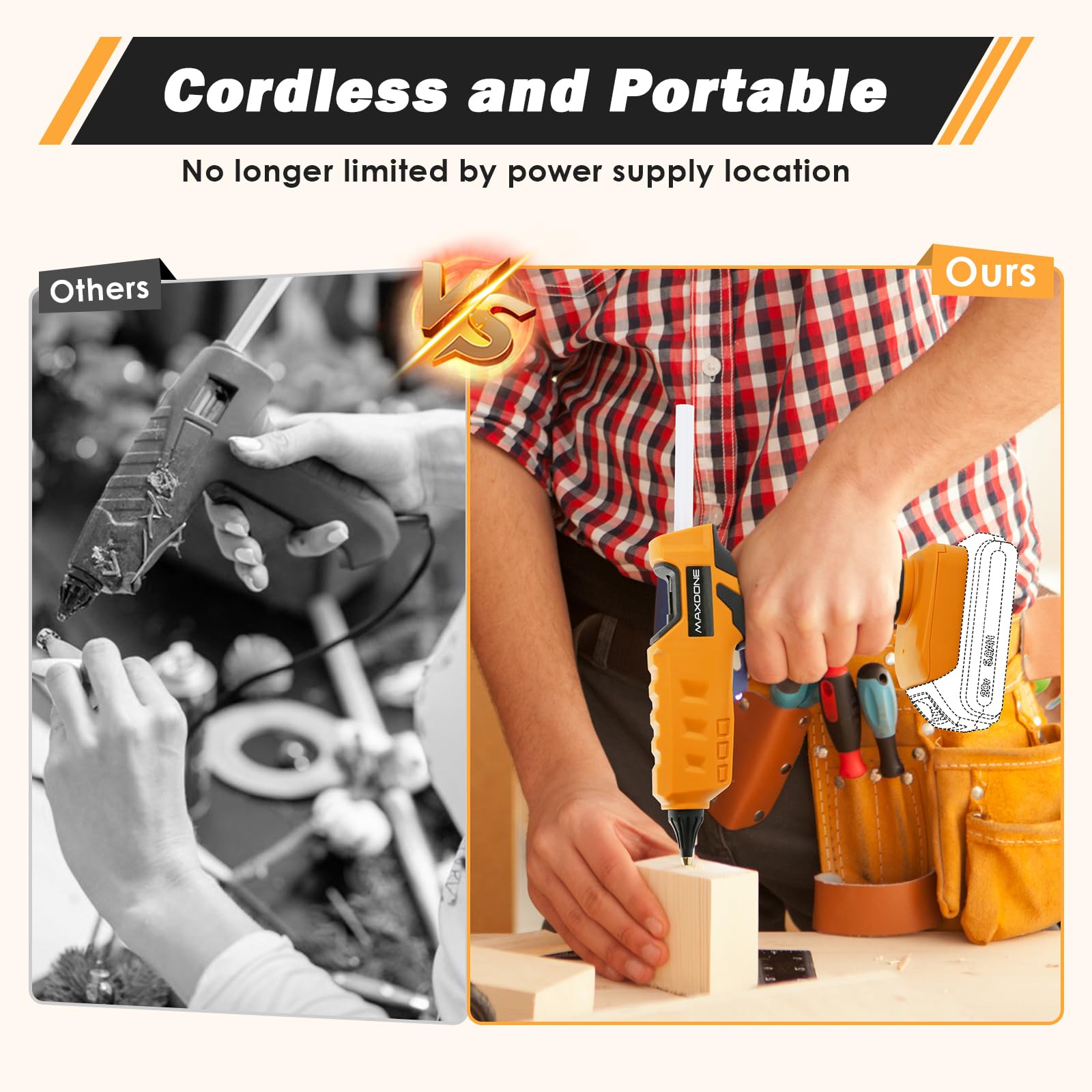 MAXDONE wireless glue gun design eliminates cords for free movement