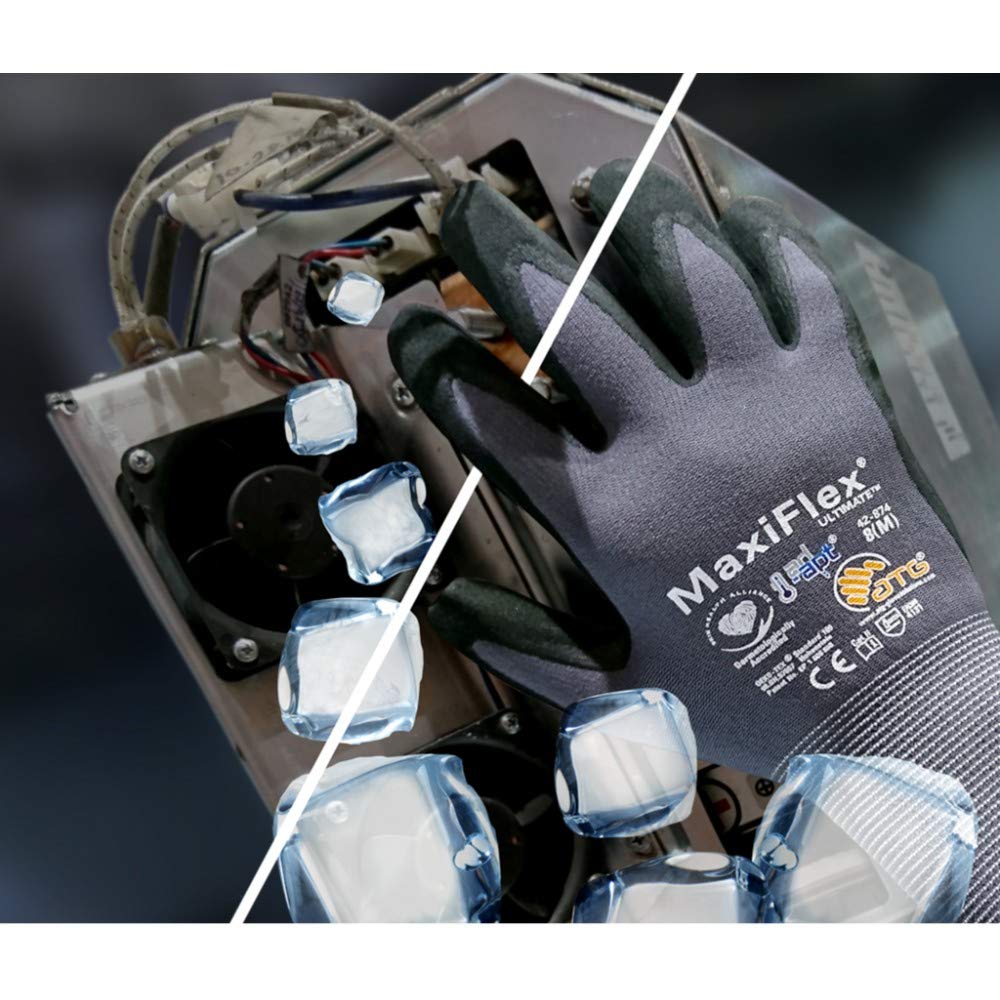 MaxiFlex 34-874 knit wrist seals out debris during work.