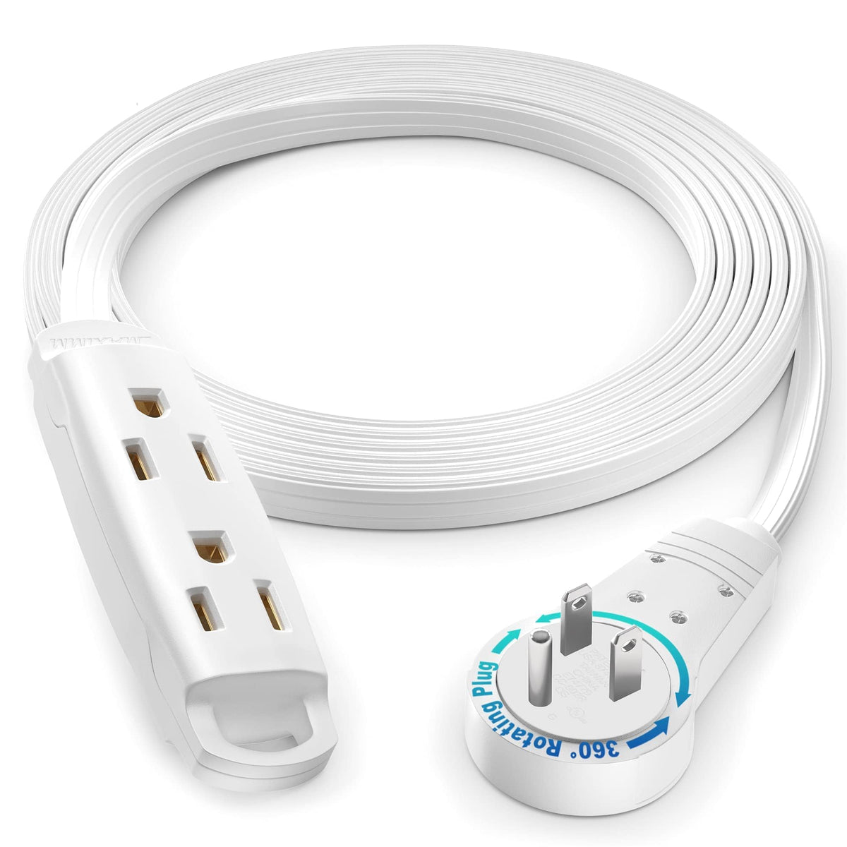 Maximm 360-degree rotating flat extension cord behind a desk showing space-saving design.