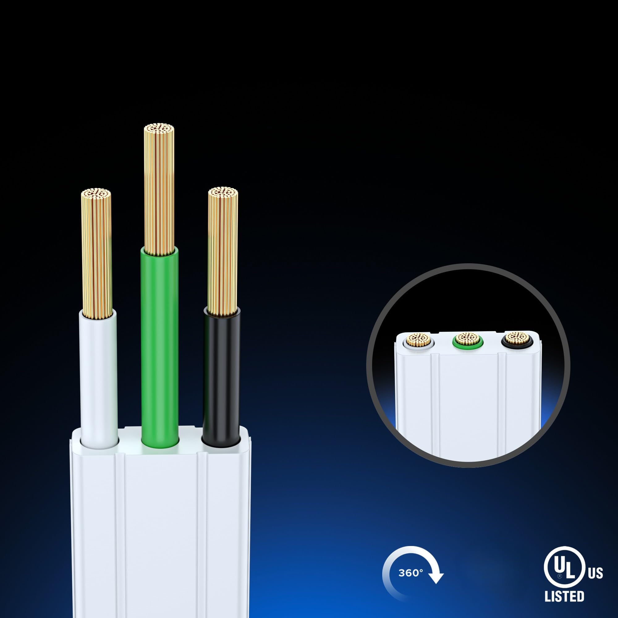 Maximm 360-degree rotating flat extension cord three outlets visible and neatly arranged