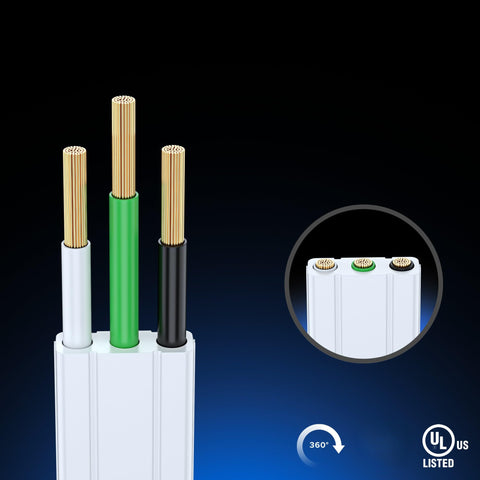 Maximm 360-degree rotating flat extension cord three outlets visible and neatly arranged