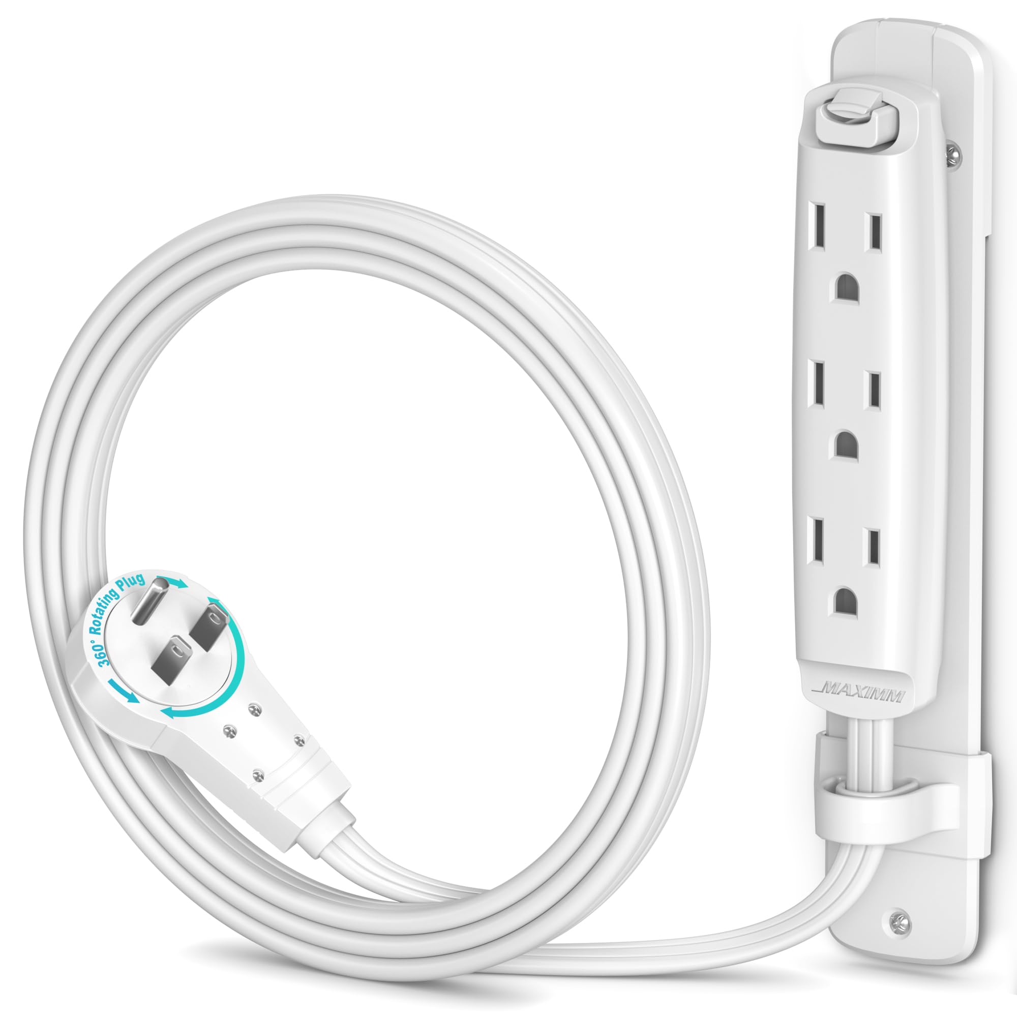 Maximm 360° rotating flat extension cord with three outlets for flexible power access.