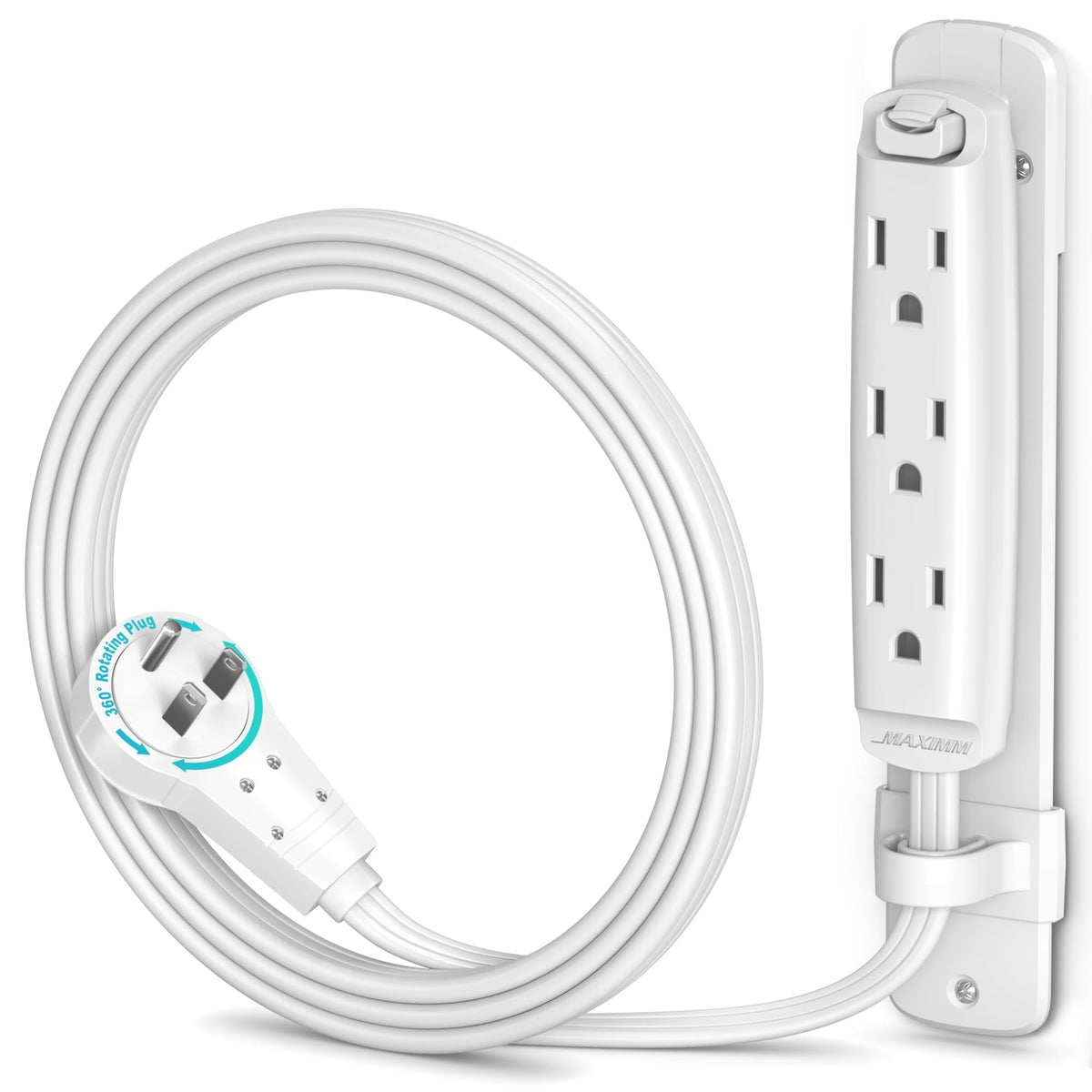 Maximm 360° rotating flat extension cord with three outlets for flexible power access.