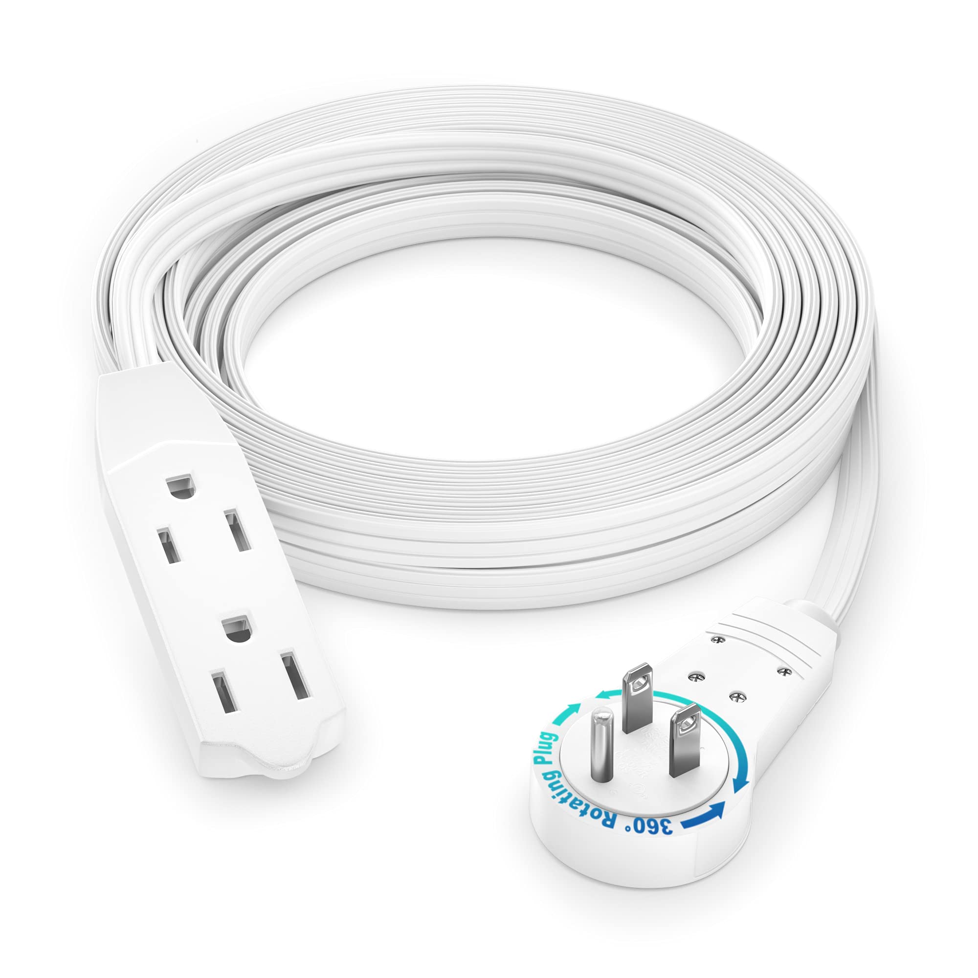 Maximm cable 12ft rotating flat plug enables flexible access behind furniture.