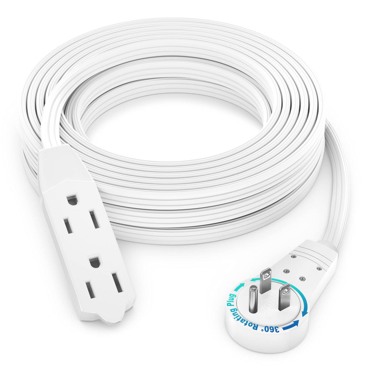 Maximm 360° rotating flat plug enables flexible positioning for three outlets.